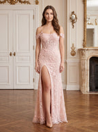 Blushing Pink Tulle Mermaid Off-the-Shoulder Back Zip Floor-Length Dress with Appliques - Curvevia