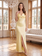 Daffodil Satin A-Line V-Neck Backless Floor-Length Dress with Side Slit - Curvevia