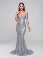 Silver Sequins Sheath V-Neck Corset Back Floor-Length Dress with metallic shimmer - Curvevia