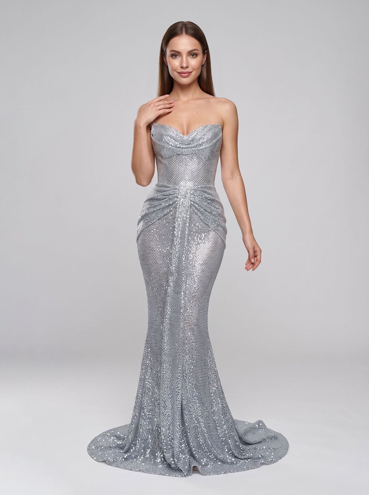 Silver Sequins Sheath V-Neck Corset Back Floor-Length Dress with metallic shimmer - Curvevia