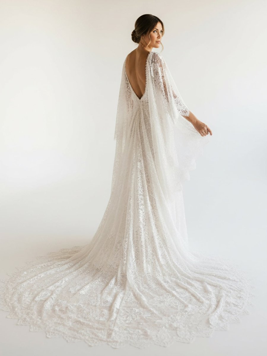 Ivory Long Sleeve Cape Lace Mermaid Wedding Dress with Appliques - Curvevia