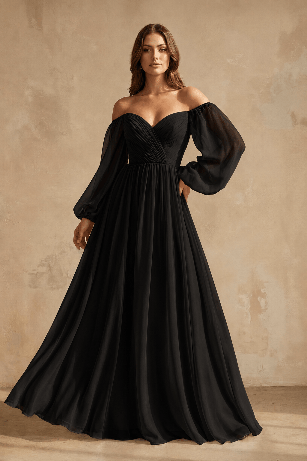 A-Line Off-the-Shoulder Long Sleeves Chiffon Floor-Length Wedding Dress - Curvevia