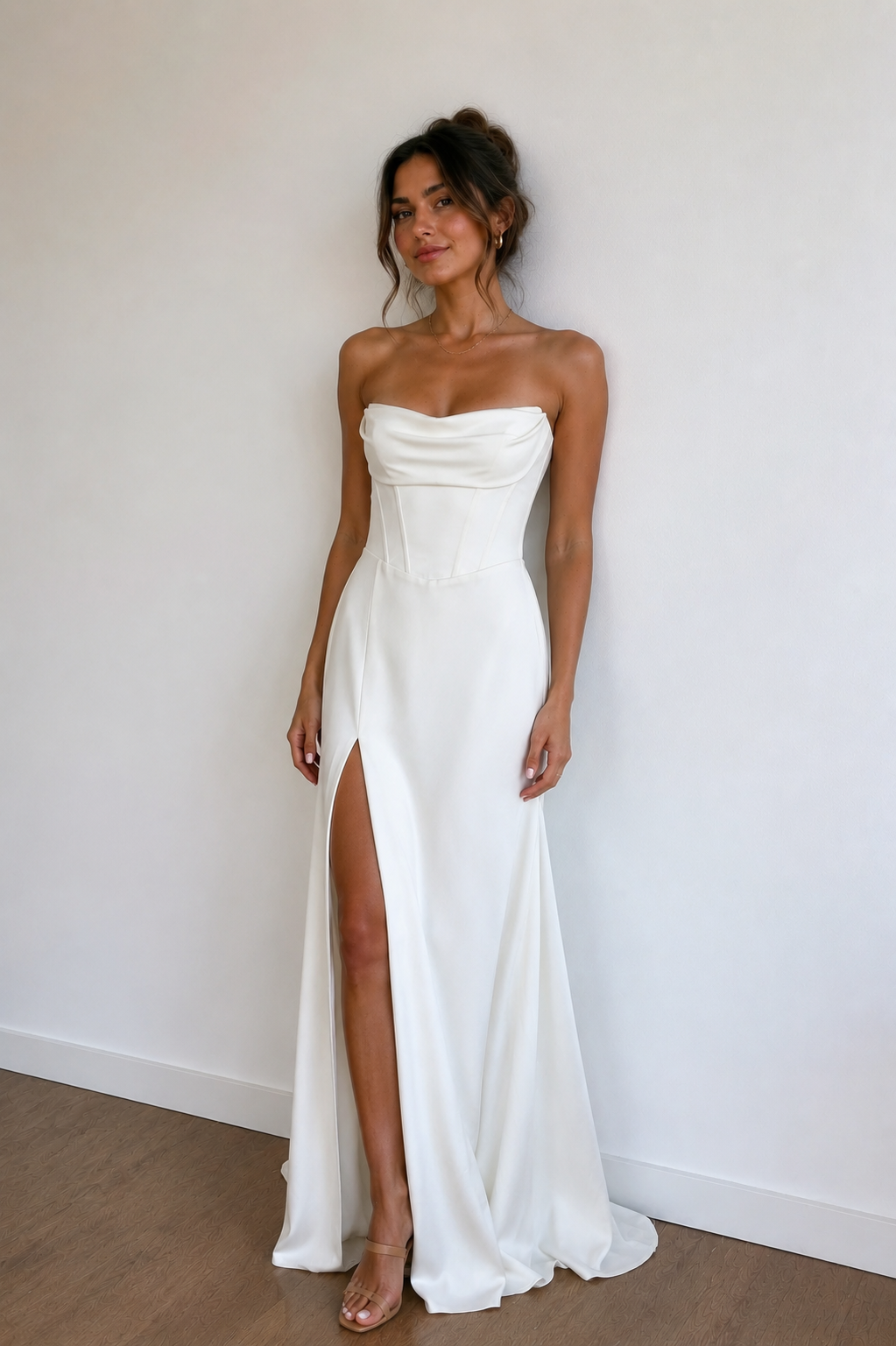 Sheath Strapless White Satin Wedding Dresses with Slit - Curvevia