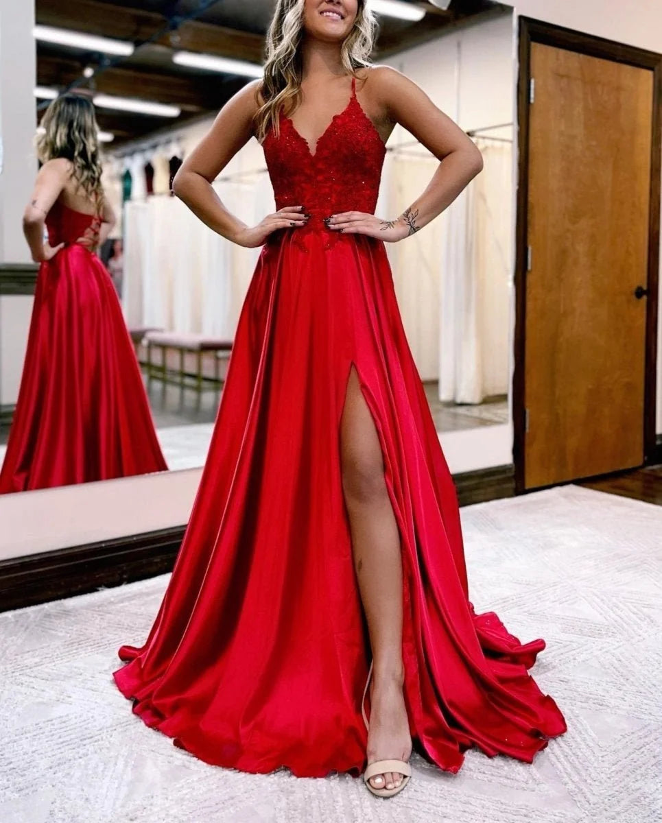 A-line Spaghetti Straps Corset Back Evening Dress With Split - Curvevia