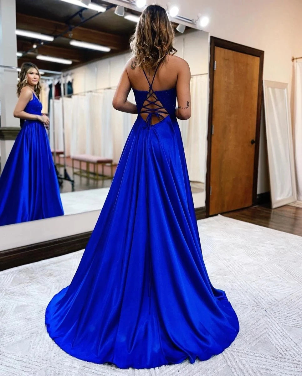 A-line Spaghetti Straps Corset Back Evening Dress With Split - Curvevia