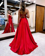 A-line Spaghetti Straps Corset Back Evening Dress With Split - Curvevia