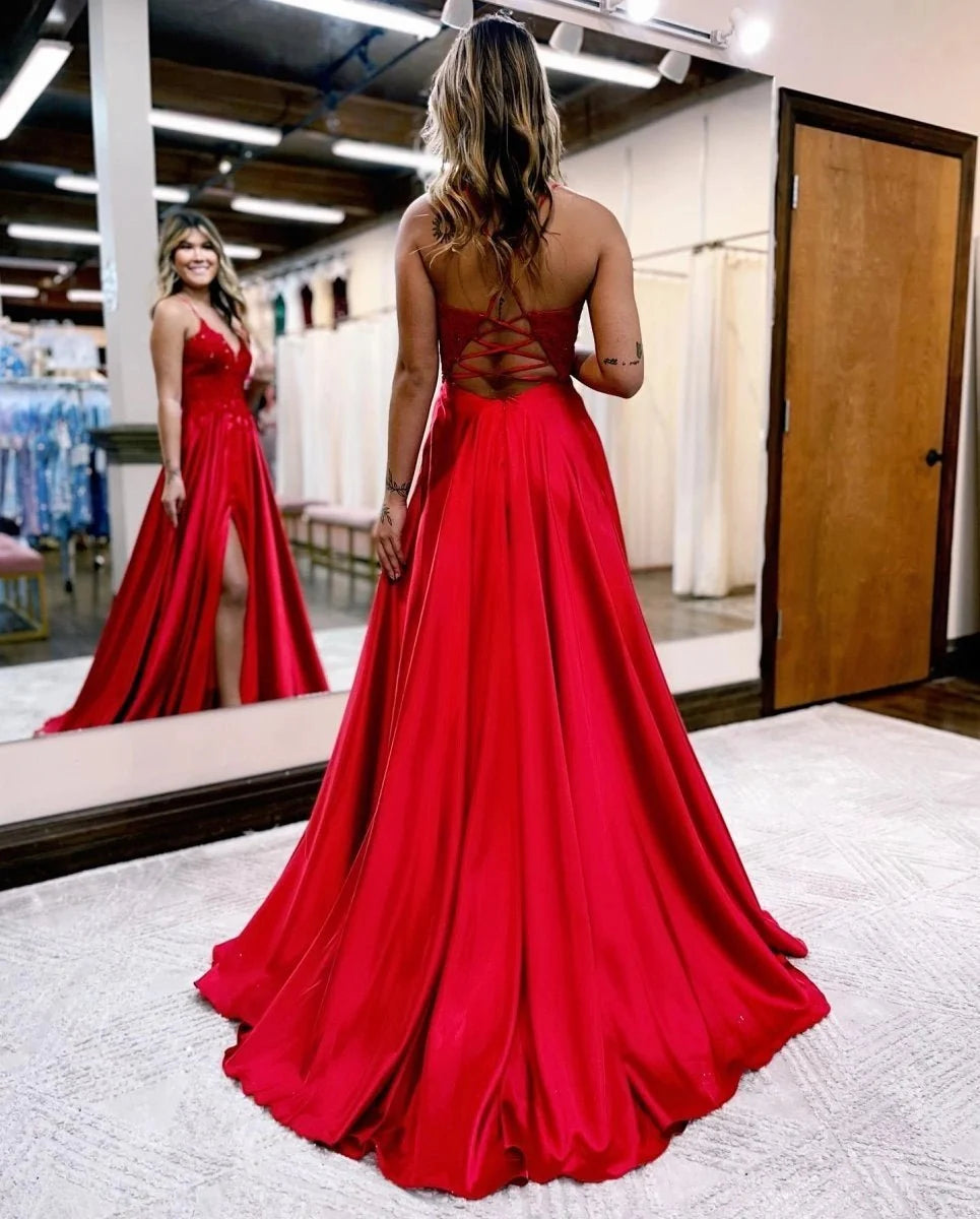 A-line Spaghetti Straps Corset Back Evening Dress With Split - Curvevia