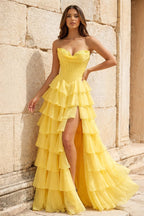 Strapless A-Line Ruffle Long Prom Dress With Split - Curvevia