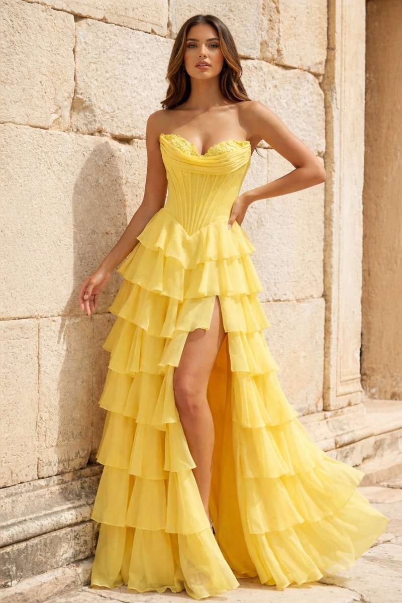Strapless A-Line Ruffle Long Prom Dress With Split - Curvevia