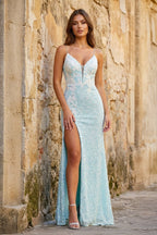 Mint Green Spaghetti Straps Sequins Mermaid Long Evening Dress With Split - Curvevia