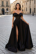 A-Line Evening Dress Celebrity Style Dress Christmas Sleeveless Off The Shoulder Satin with Slit - Curvevia