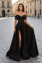 A-Line Evening Dress Celebrity Style Dress Christmas Sleeveless Off The Shoulder Satin with Slit - Curvevia