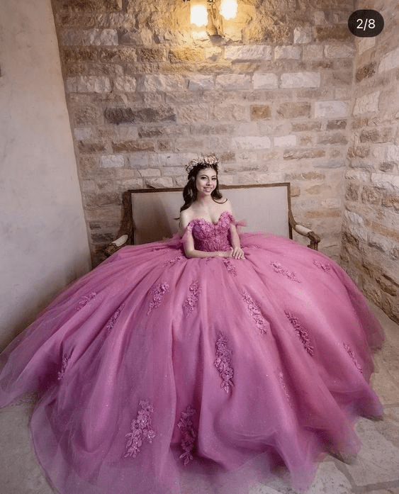 Dusty Rose Off Shoulder Lace 3D Flower Applique Quinceanera Dress - Curvevia