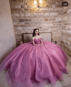 Dusty Rose Off Shoulder Lace 3D Flower Applique Quinceanera Dress - Curvevia
