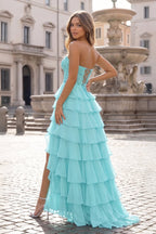 Royal Blue Chiffon Sweetheart Ruffle Tiered Long Prom Dress - Curvevia