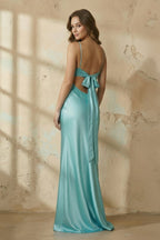 Blue Spaghetti Straps Sheath Satin Long Prom Dresses With Appliques - Curvevia