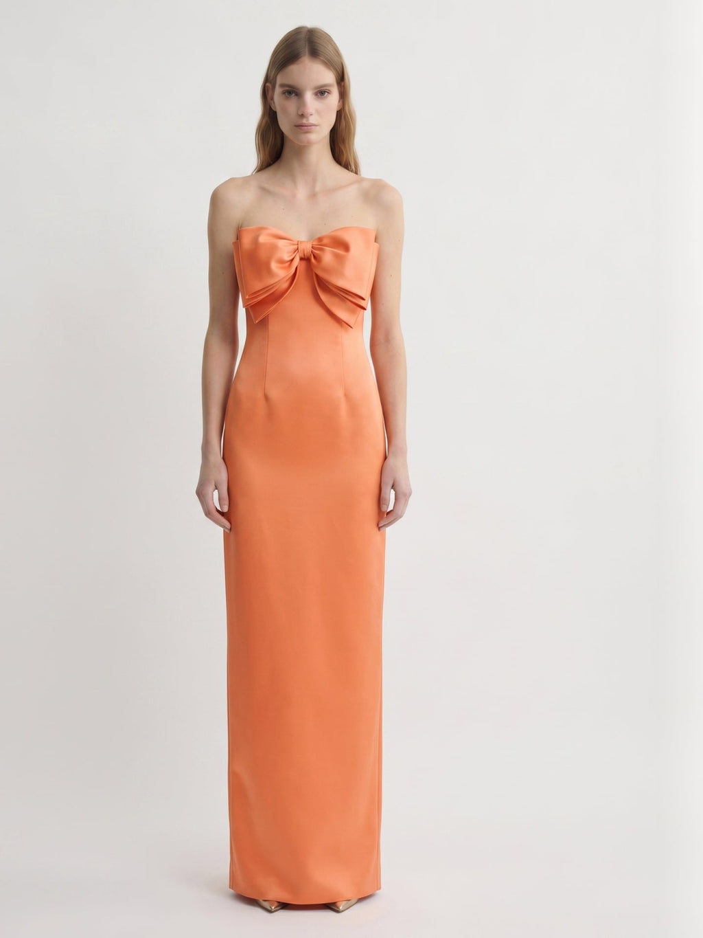 Architectural Orange Satin Sheath Straight Neck Backless Floor-Length Bridesmaid Dress with Bow - Curvevia