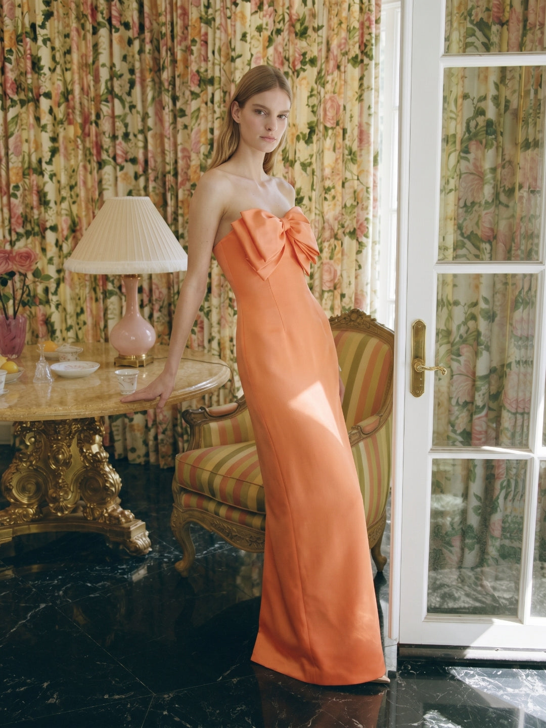 Architectural Orange Satin Sheath Straight Neck Backless Floor-Length Bridesmaid Dress with Bow - Curvevia