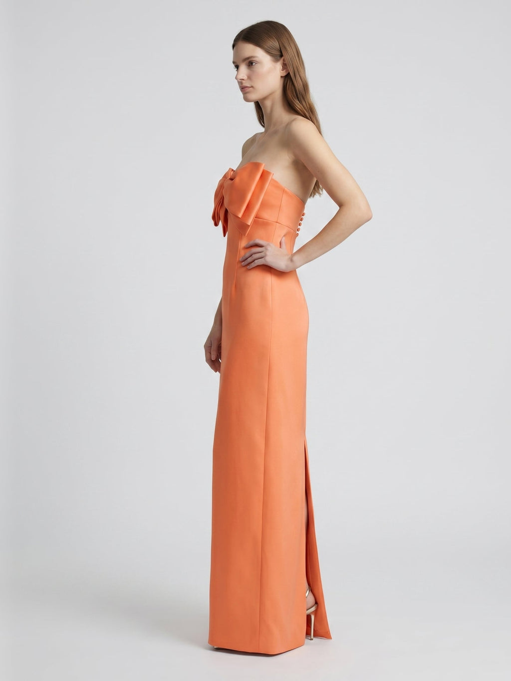 Architectural Orange Satin Sheath Straight Neck Backless Floor-Length Bridesmaid Dress with Bow - Curvevia