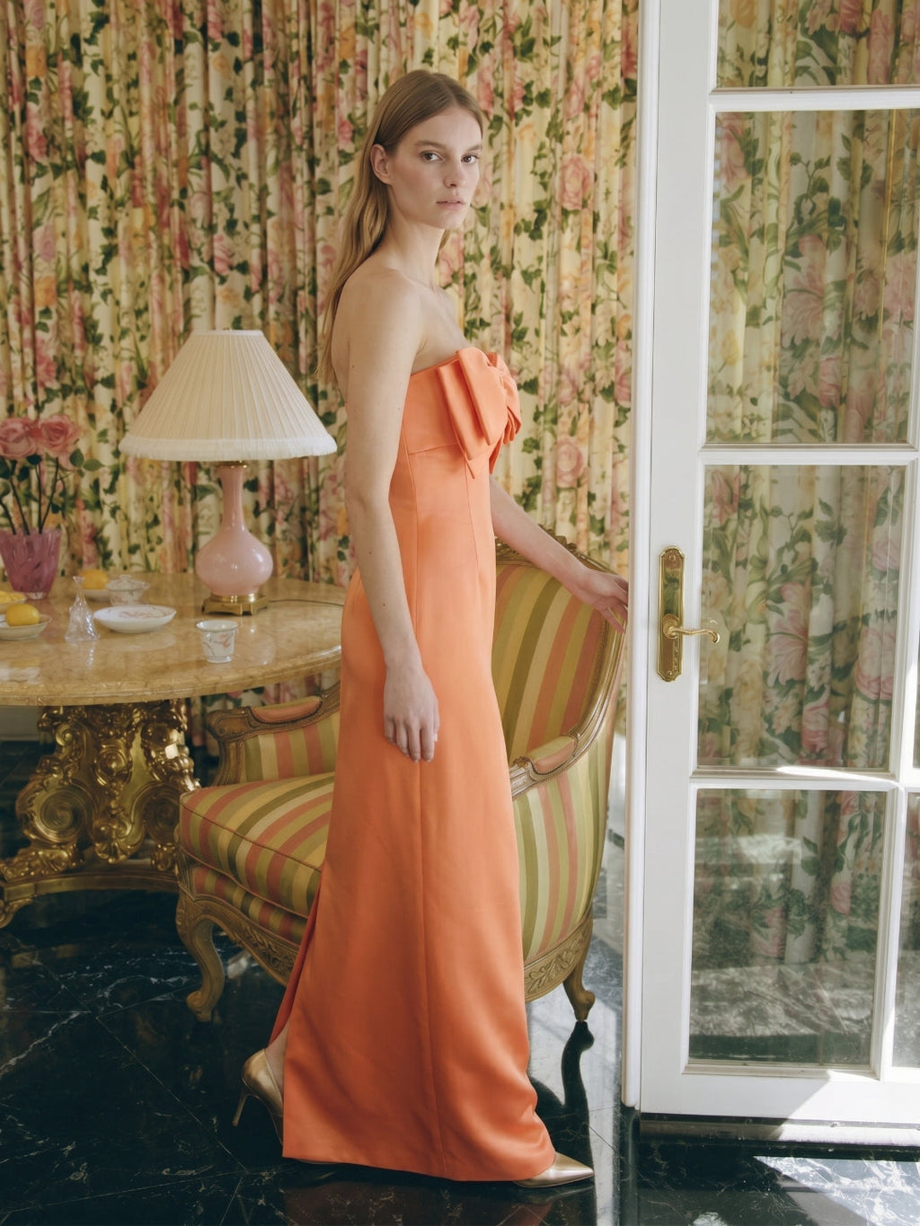 Architectural Orange Satin Sheath Straight Neck Backless Floor-Length Bridesmaid Dress with Bow - Curvevia