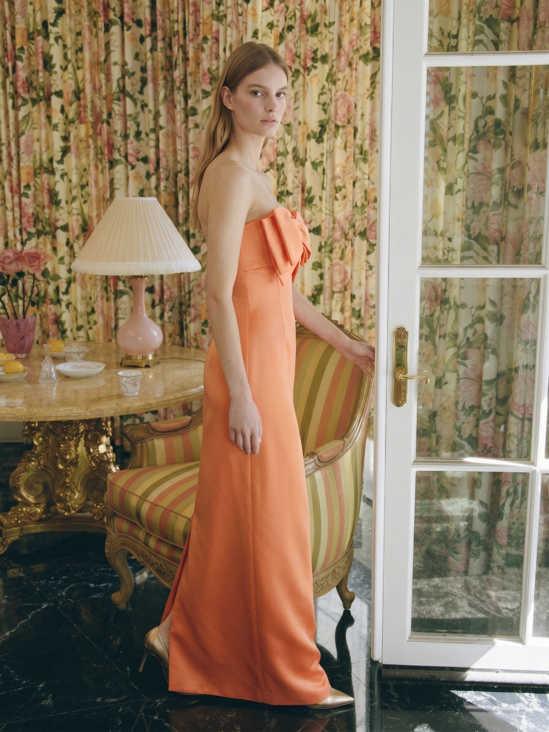 Architectural Orange Satin Sheath Straight Neck Backless Floor-Length Bridesmaid Dress with Bow - Curvevia
