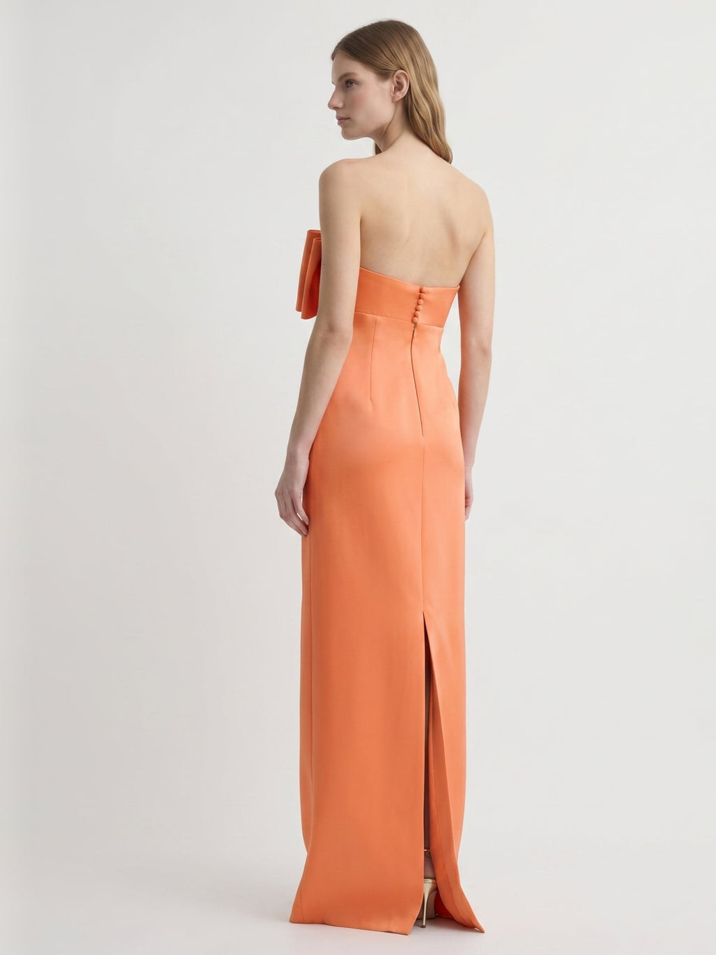 Architectural Orange Satin Sheath Straight Neck Backless Floor-Length Bridesmaid Dress with Bow - Curvevia
