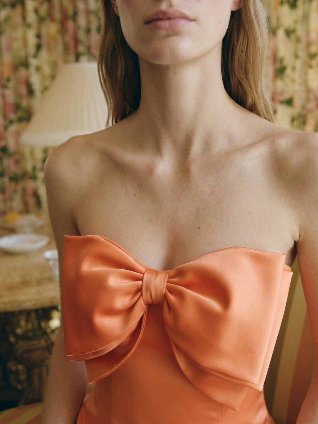 Architectural Orange Satin Sheath Straight Neck Backless Floor-Length Bridesmaid Dress with Bow - Curvevia