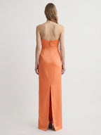 Architectural Orange Satin Sheath Straight Neck Backless Floor-Length Bridesmaid Dress with Bow - Curvevia