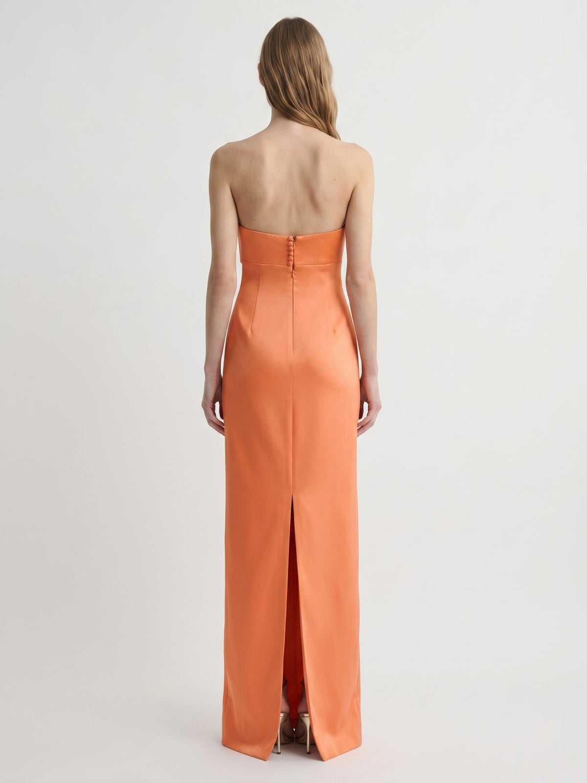 Architectural Orange Satin Sheath Straight Neck Backless Floor-Length Bridesmaid Dress with Bow - Curvevia