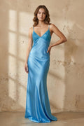 Blue Spaghetti Straps Sheath Satin Long Prom Dresses With Appliques - Curvevia