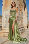 Silver Spaghetti Straps Mermaid Appliqued Prom Dress With Split - Curvevia