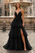 A-Line Spaghetti Straps Long Tiered Tulle Prom Dress With Split - Curvevia
