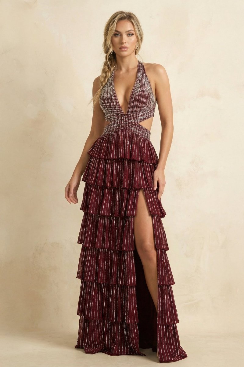 Burgundy - A-Line Halter Satin Beaded Long Wedding Guest Dress With Ruffles - Curvevia