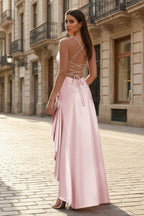 Aqua Spaghetti Straps Sheath Satin High Low Wedding Guest Dress With Ruffles - Curvevia