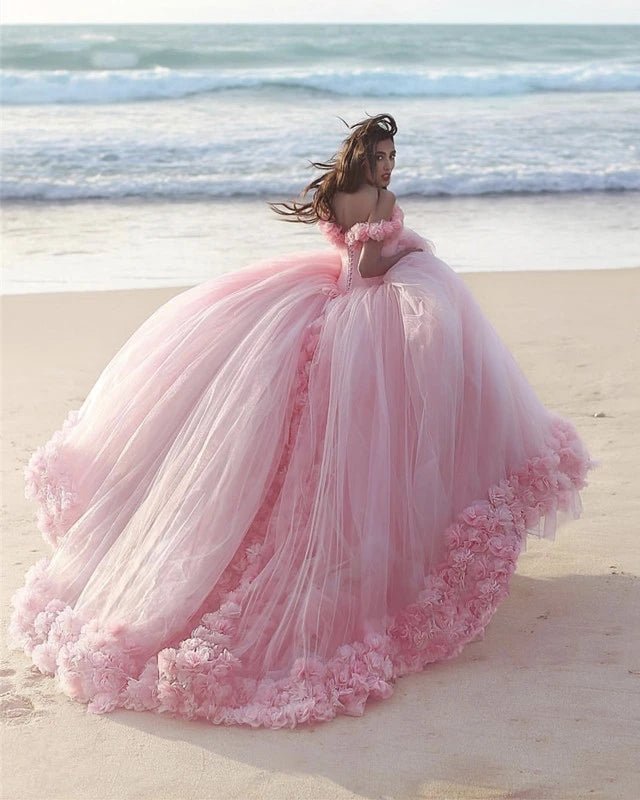 Off The Shoulder Flowers Tulle Ball Gown Pink Quinceanera Dresses - Curvevia