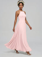 Beautiful Back Blushing Pink Chiffon A-Line Halter neckline Backless Ankle-Length Bridesmaid Dress - Curvevia