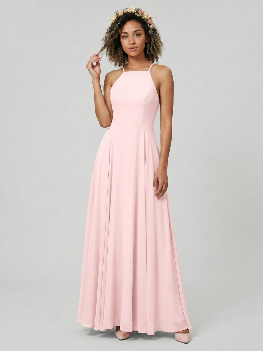 Beautiful Back Blushing Pink Chiffon A-Line Halter neckline Backless Ankle-Length Bridesmaid Dress - Curvevia