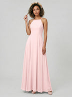 Beautiful Back Blushing Pink Chiffon A-Line Halter neckline Backless Ankle-Length Bridesmaid Dress - Curvevia