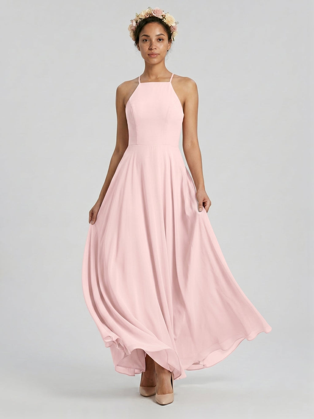 Beautiful Back Blushing Pink Chiffon A-Line Halter neckline Backless Ankle-Length Bridesmaid Dress - Curvevia