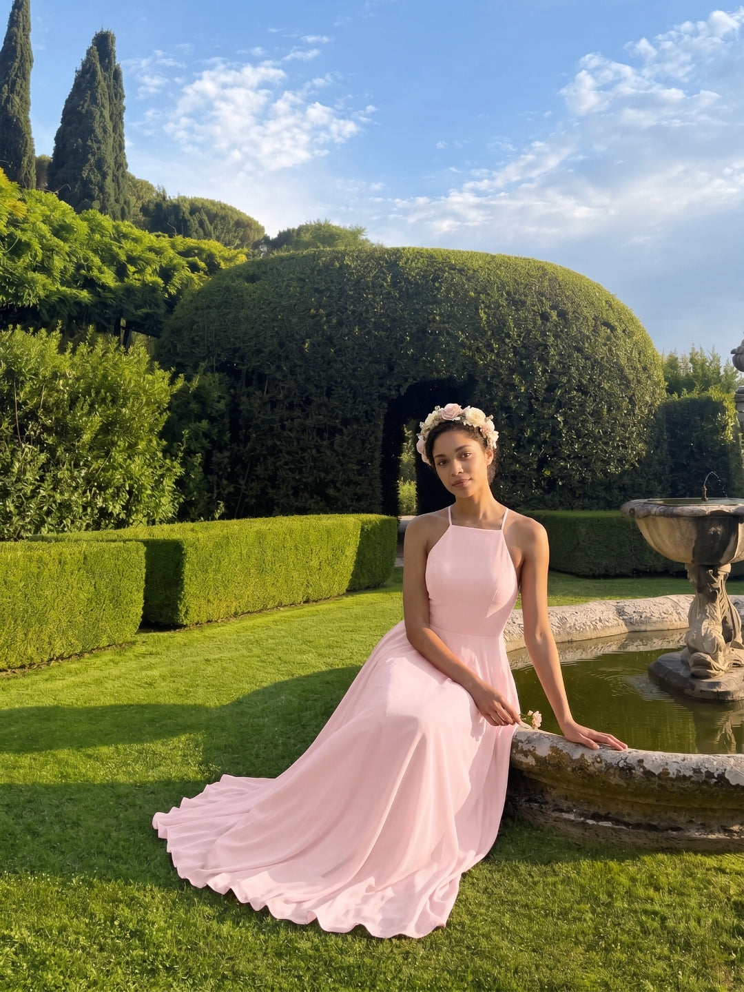 Beautiful Back Blushing Pink Chiffon A-Line Halter neckline Backless Ankle-Length Bridesmaid Dress - Curvevia