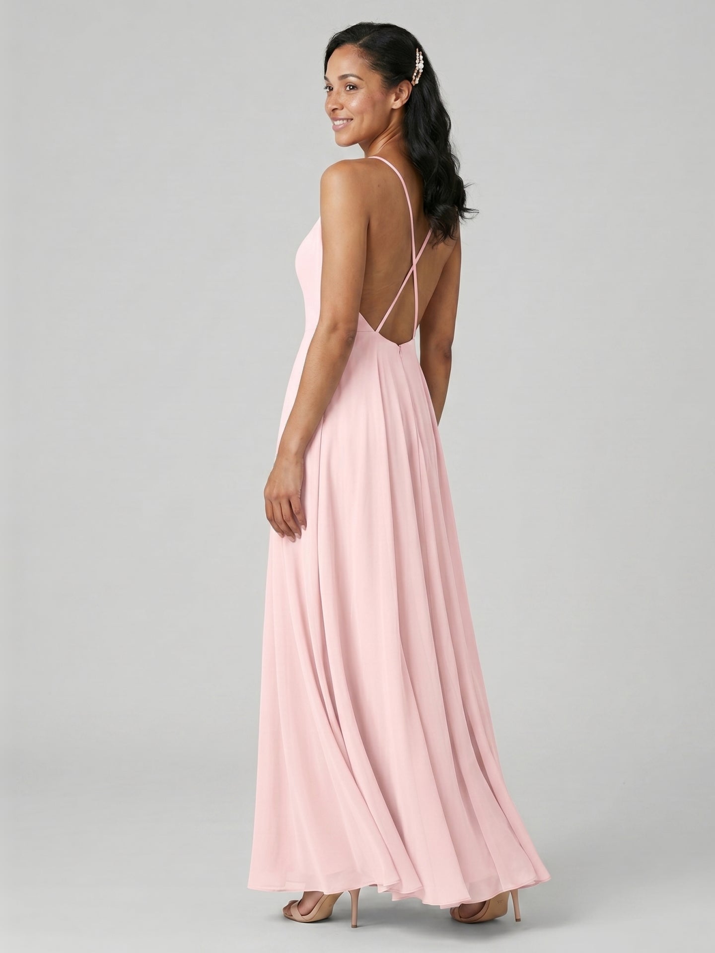Beautiful Back Blushing Pink Chiffon A-Line Halter neckline Backless Ankle-Length Bridesmaid Dress - Curvevia