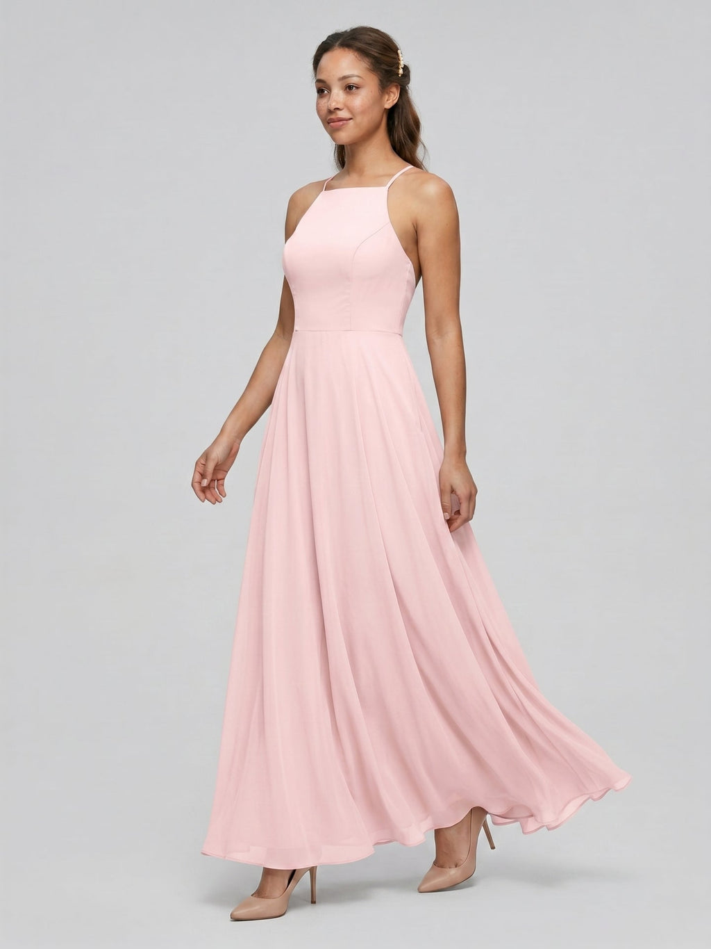 Beautiful Back Blushing Pink Chiffon A-Line Halter neckline Backless Ankle-Length Bridesmaid Dress - Curvevia