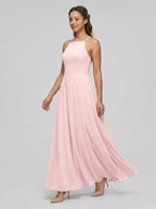 Beautiful Back Blushing Pink Chiffon A-Line Halter neckline Backless Ankle-Length Bridesmaid Dress - Curvevia