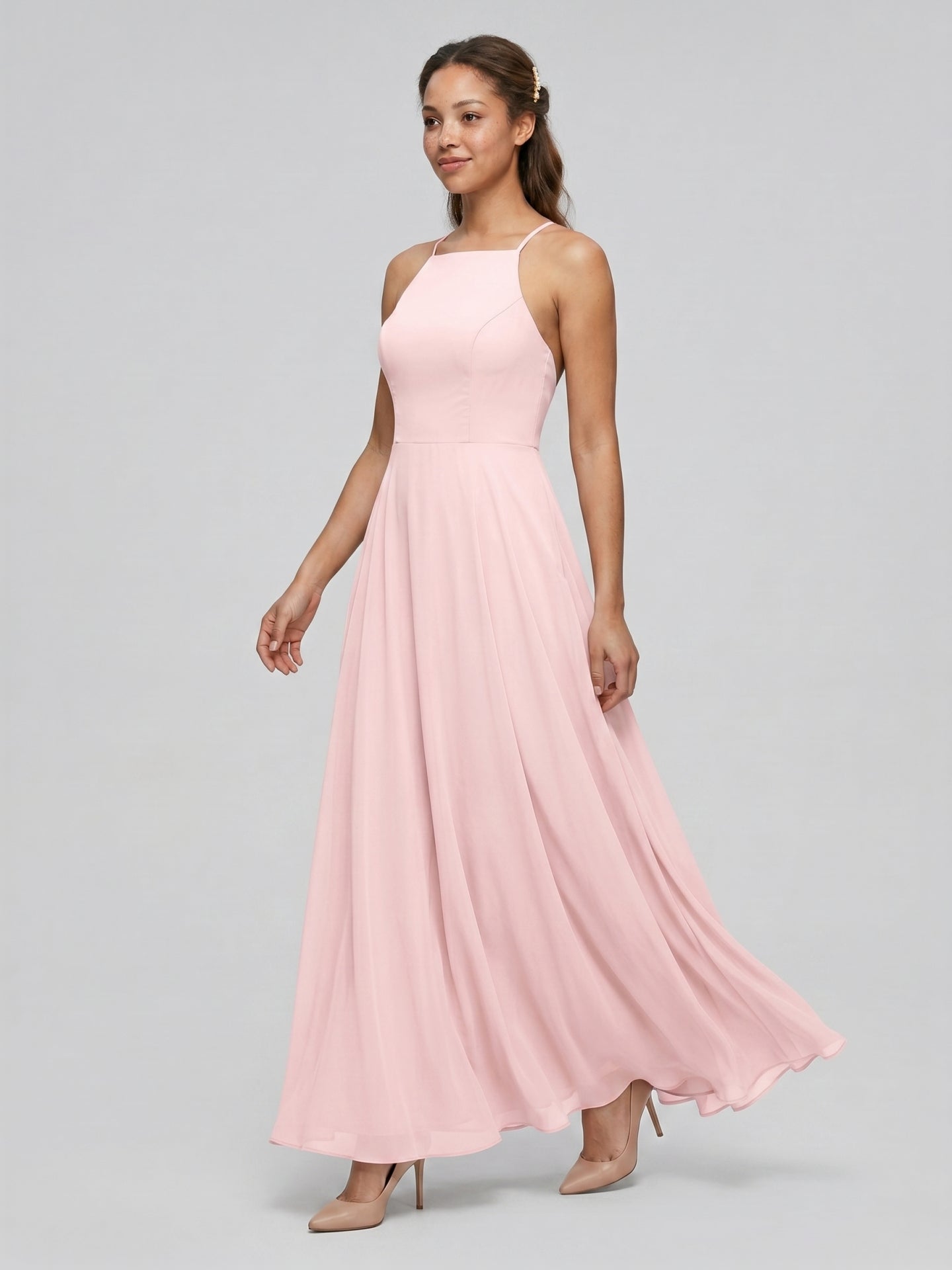 Beautiful Back Blushing Pink Chiffon A-Line Halter neckline Backless Ankle-Length Bridesmaid Dress - Curvevia