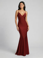 Beautiful Back Burgundy Satin Mermaid V-Neck Backless Ankle-Length Bridesmaid Dress - Curvevia