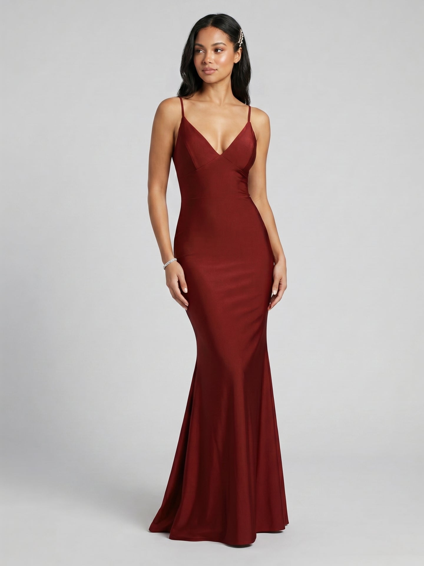 Beautiful Back Burgundy Satin Mermaid V-Neck Backless Ankle-Length Bridesmaid Dress - Curvevia
