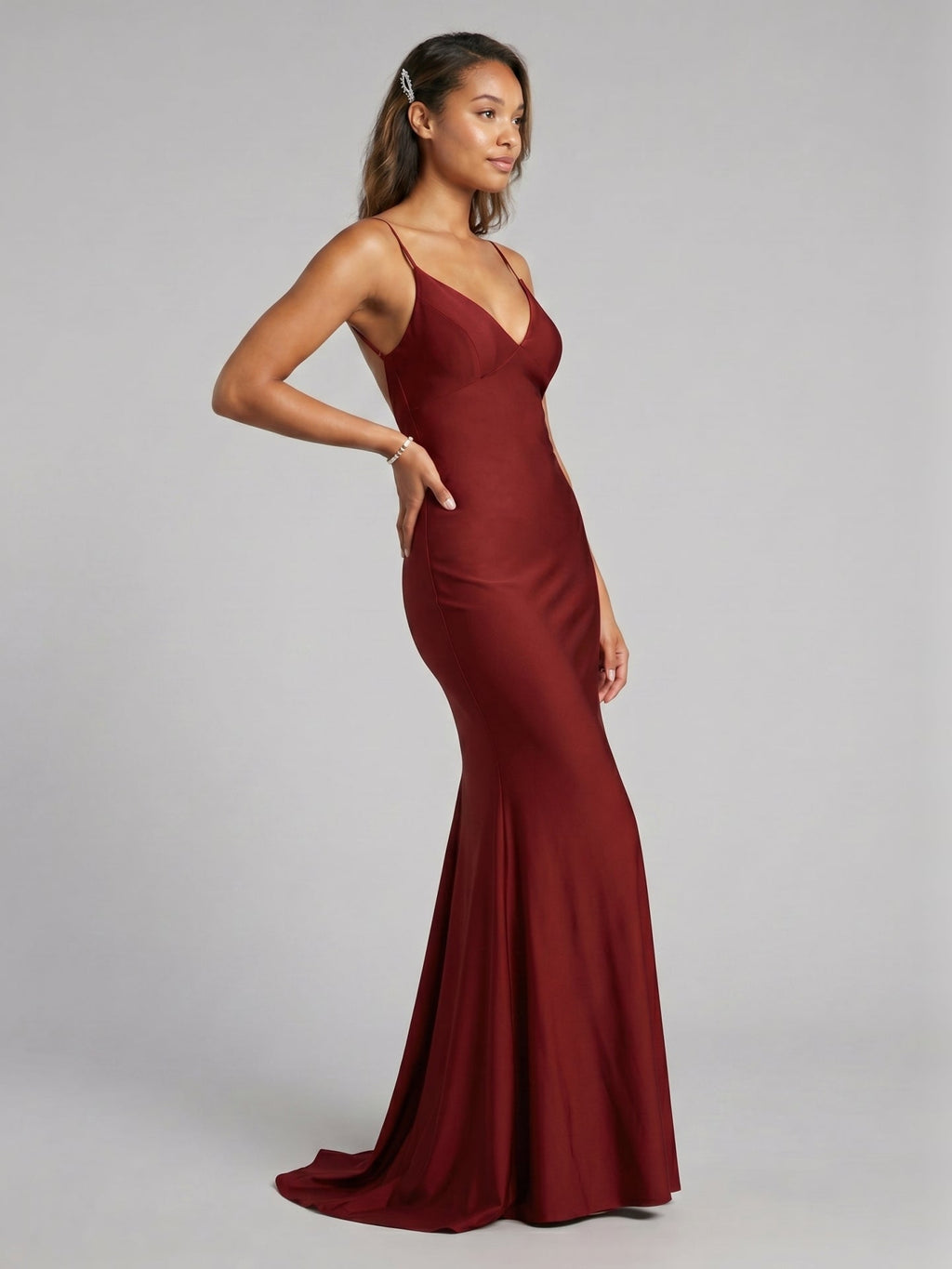 Beautiful Back Burgundy Satin Mermaid V-Neck Backless Ankle-Length Bridesmaid Dress - Curvevia