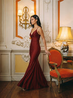 Beautiful Back Burgundy Satin Mermaid V-Neck Backless Ankle-Length Bridesmaid Dress - Curvevia