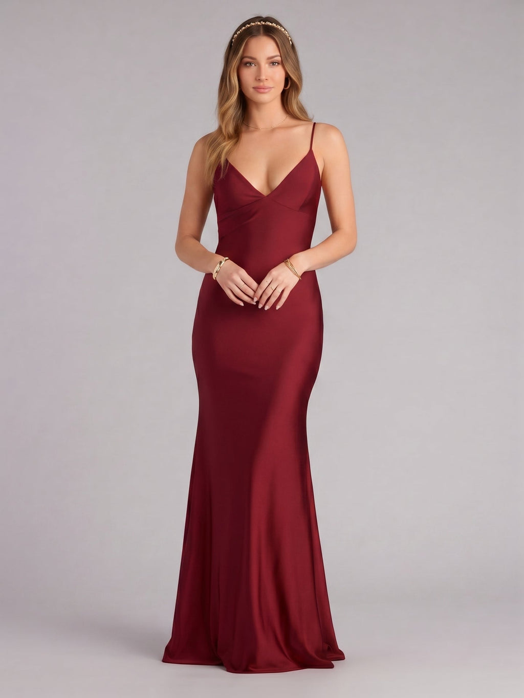 Beautiful Back Burgundy Satin Mermaid V-Neck Backless Ankle-Length Bridesmaid Dress - Curvevia