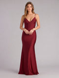 Beautiful Back Burgundy Satin Mermaid V-Neck Backless Ankle-Length Bridesmaid Dress - Curvevia